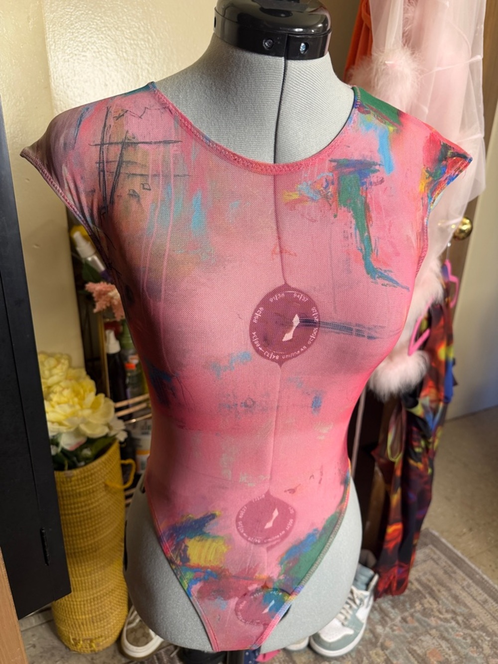Zara Pink Abstract Cap Sleeve Bodysuit with Multicolor Accents